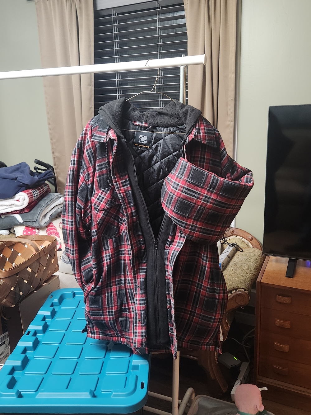 Men's Red and Black Plaid Insulated Hooded Jacket